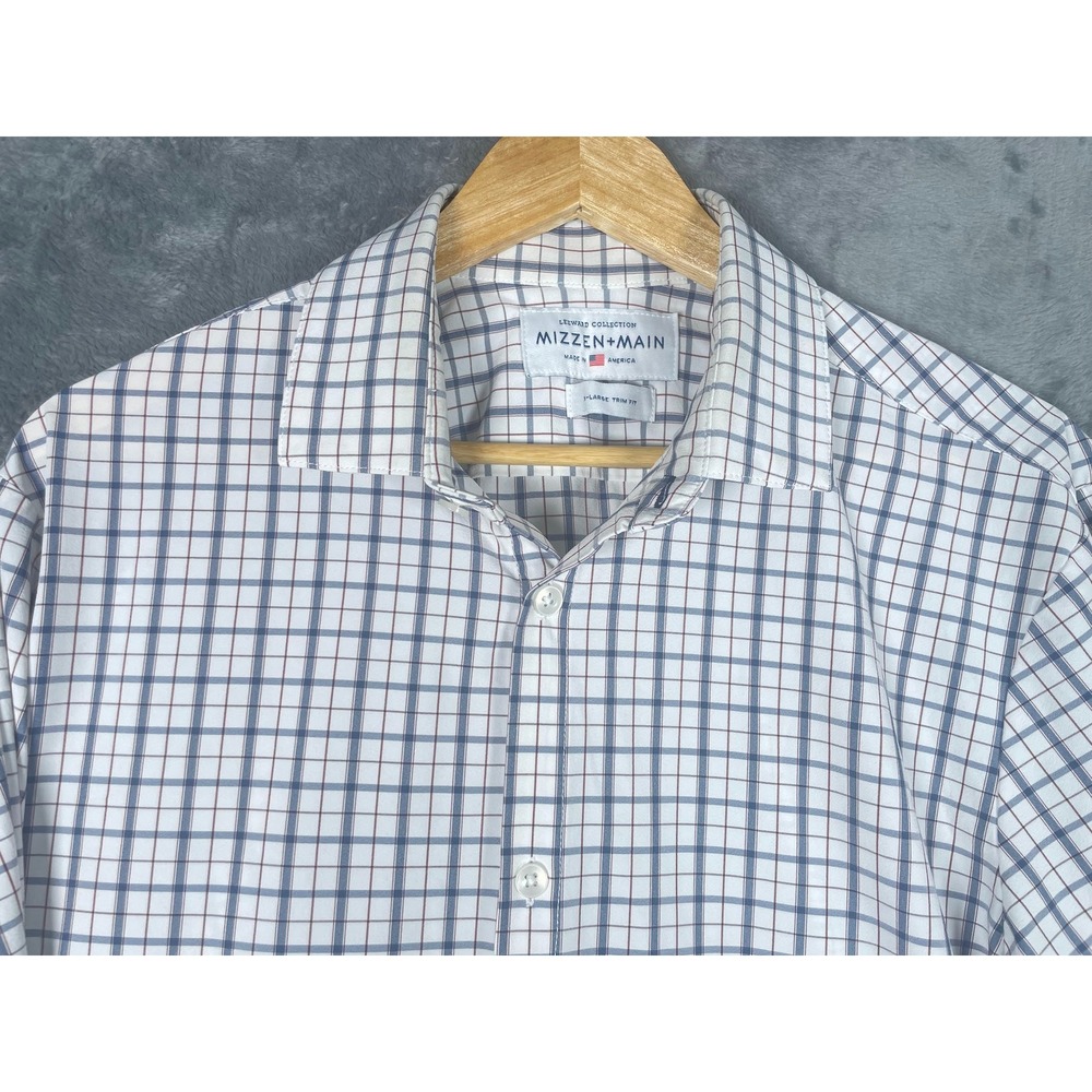 Mizzen + Main Leeward Dress Shirt Mens XL Trim Fit Blue White Grid Check Stretch